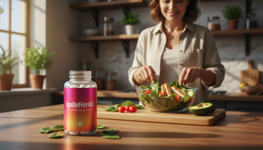 A visually appealing composition showcasing a bottle of "IgniteHer40" hormonal balance weight loss pills for women over 40, prominently displayed in the foreground. The bottle, designed with vibrant colors and a sleek, modern label, rests atop a kitchen counter illuminated by warm, natural light streaming in through a nearby window. In the background, a woman in her 40s is engaged in a healthy cooking activity, preparing a colorful salad filled with fresh vegetables and lean proteins, symbolizing a holistic approach to wellness. Soft shadows accentuate the scene, creating an inviting atmosphere. The mood is warm and relatable, emphasizing empowerment and health. The setting conveys a natural health focus, designed to resonate with women seeking effective weight loss solutions.