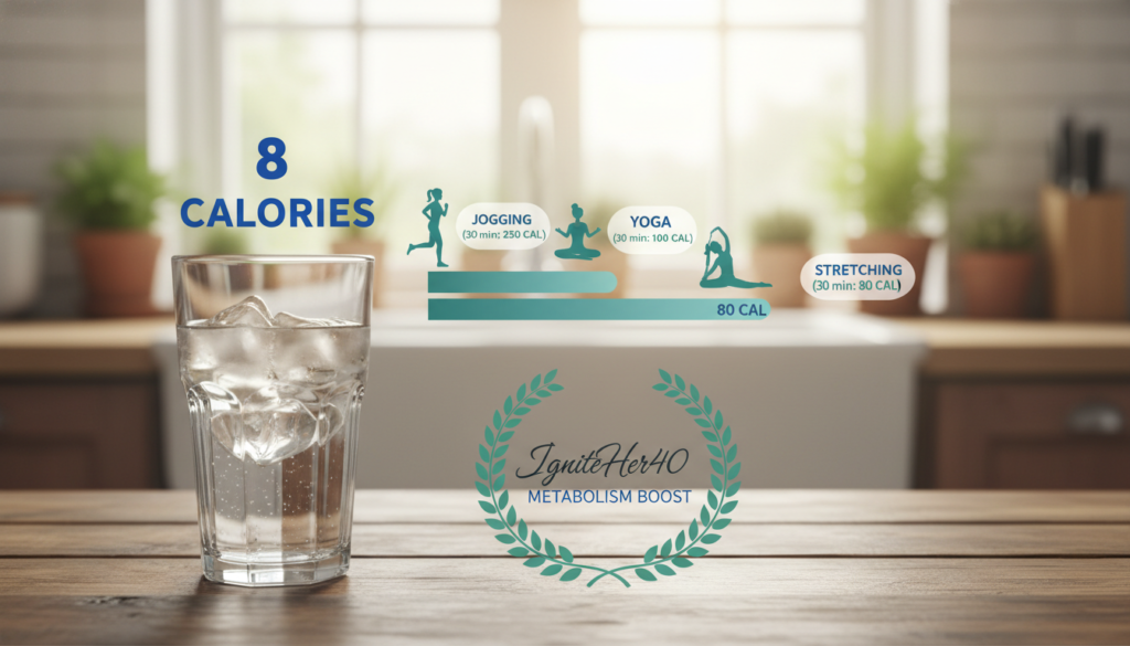 A visually engaging chart depicting a cold water calorie burn comparison, tailored for women over 40, showcasing a glass of cold water alongside various activities. In the foreground, a clear, filled glass of ice-cold water sits on a wooden table, with eight calories prominently highlighted above it. In the middle, there's a comparison of vibrant icons representing different activities like jogging, yoga, and stretching, each with their corresponding calorie burn rates. The background features a soft-focus kitchen setting, emphasizing warmth and homeliness. Natural lighting filters through a window, creating a bright and inviting atmosphere. The entire composition should feel relatable and supportive of a natural health journey, with the brand name "IgniteHer40" subtly integrated into the design, reflecting the article's focus on metabolism for women.