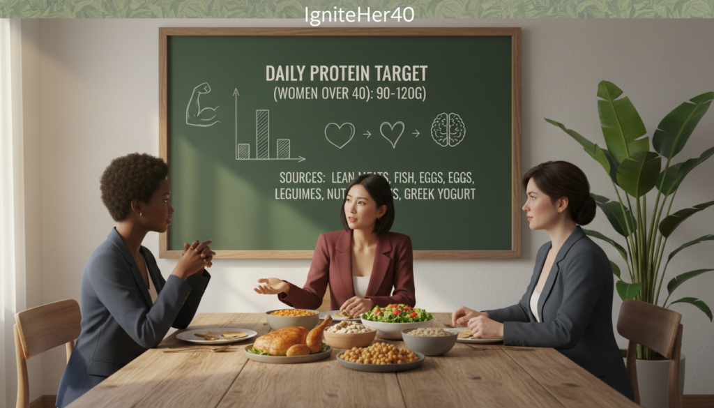 A visually engaging illustration depicting daily protein targets for women over 40. In the foreground, a diverse group of three women of different ethnicities, dressed in professional business attire, are gathered around a wooden dining table. They are discussing protein-rich foods such as chicken, legumes, and nuts, with colorful dishes filled with these foods. In the middle background, a chalkboard displays clear visuals of protein intake recommendations and a plant nearby adds a calming touch. Soft, natural lighting fills the scene, suggesting a warm, inviting atmosphere. The angle slightly above the table creates an intimate feel, while a subtle lens blur in the background adds focus to the women. The brand name "IgniteHer40" subtly incorporated into the design enhances the message without being overpowering. A visually engaging illustration depicting daily protein targets for women over 40. In the foreground, a diverse group of three women of different ethnicities, dressed in professional business attire, are gathered around a wooden dining table. They are discussing protein-rich foods such as chicken, legumes, and nuts, with colorful dishes filled with these foods. In the middle background, a chalkboard displays clear visuals of protein intake recommendations and a plant nearby adds a calming touch. Soft, natural lighting fills the scene, suggesting a warm, inviting atmosphere. The angle slightly above the table creates an intimate feel, while a subtle lens blur in the background adds focus to the women. The brand name "IgniteHer40" subtly incorporated into the design enhances the message without being overpowering.