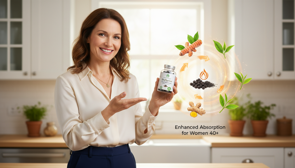 A visually engaging image depicting the absorption benefits of black pepper extract supplements, tailored for women over 40. In the foreground, a woman in her 40s, dressed in modest, professional attire, is examining a bottle of IgniteHer40 BioPerine Black Pepper Extract. She holds the bottle confidently, with a warm smile that conveys health and vitality. In the middle, a creative visual representation of the supplement’s absorption process, with arrows indicating enhanced bioavailability, harmoniously blended with images of black peppercorns and vibrant botanical elements. The background features a softly lit, cozy kitchen setting, suggesting a natural health focus. The lighting is bright yet warm, evoking a sense of trust and approachability, with a shallow depth of field to emphasize the foreground subject. A visually engaging image depicting the absorption benefits of black pepper extract supplements, tailored for women over 40. In the foreground, a woman in her 40s, dressed in modest, professional attire, is examining a bottle of IgniteHer40 BioPerine Black Pepper Extract. She holds the bottle confidently, with a warm smile that conveys health and vitality. In the middle, a creative visual representation of the supplement’s absorption process, with arrows indicating enhanced bioavailability, harmoniously blended with images of black peppercorns and vibrant botanical elements. The background features a softly lit, cozy kitchen setting, suggesting a natural health focus. The lighting is bright yet warm, evoking a sense of trust and approachability, with a shallow depth of field to emphasize the foreground subject.