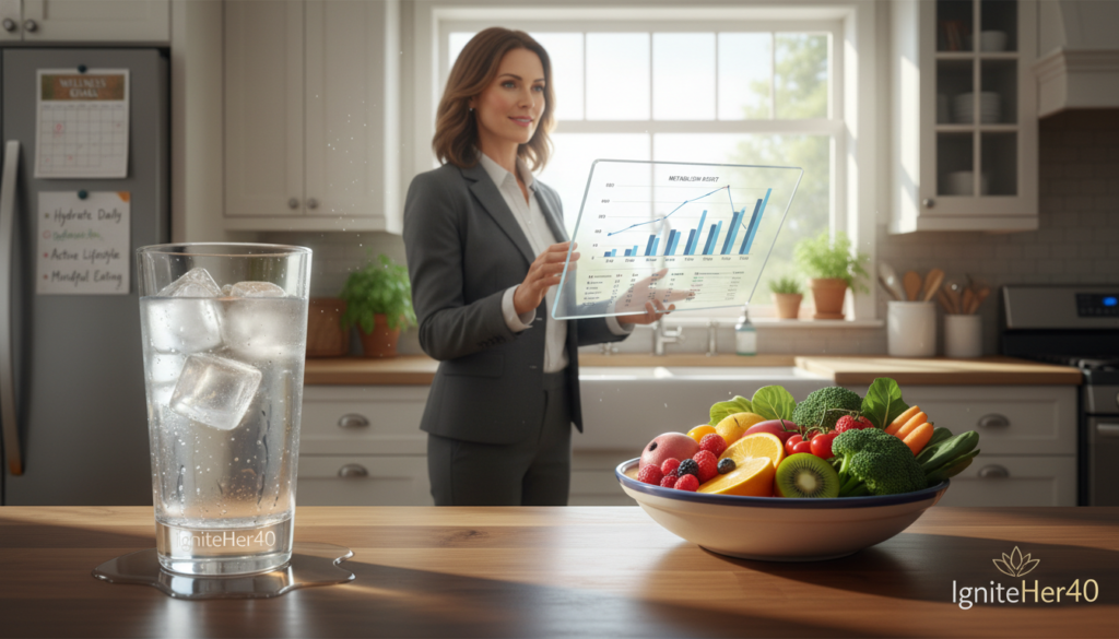 A visually striking comparison of cold water versus traditional fat-burning strategies targeted at women over 40. In the foreground, feature a glass of ice-cold water with condensation, symbolizing cold water benefits, next to a vibrant bowl of fresh fruits and vegetables representing healthy eating. The middle layer includes a woman in professional attire, thoughtfully observing a chart displaying metabolism rates, illustrating engagement in life choices. The background features a cozy kitchen setting with natural light pouring through a window, creating a warm and inviting atmosphere. The overall mood is empowering and relatable, emphasizing natural health. Include subtle elements, like a calendar marked with wellness goals and the brand name "IgniteHer40" integrated into the design, enhancing the theme of wellness and vitality without distracting from the main visual focus.