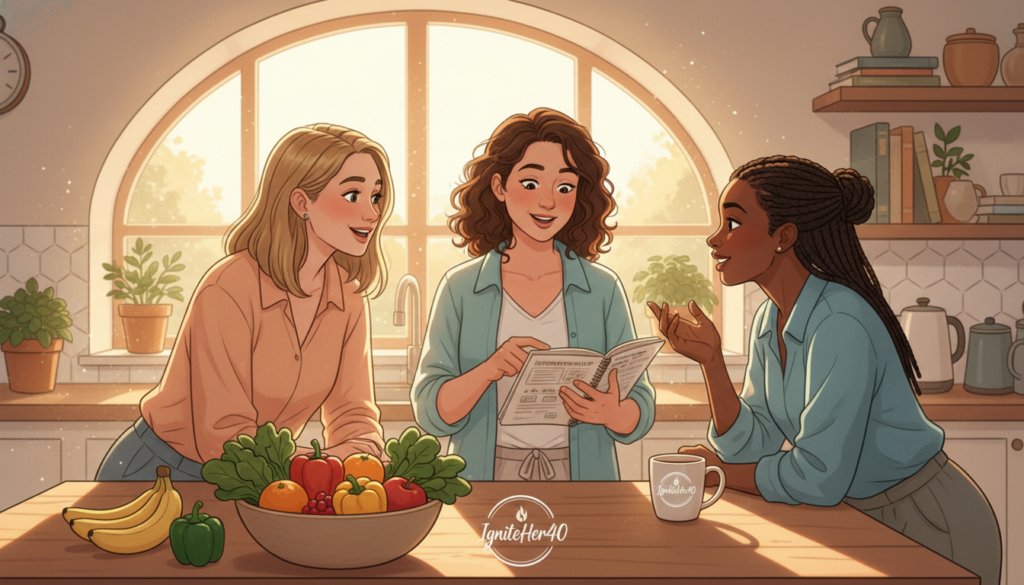 A warm and inviting illustration depicting a diverse group of three women in their 40s dressed in modest, casual clothing, engaging in a discussion about hormonal changes and metabolism in a cozy, sunlit kitchen. The foreground features fresh fruits and vegetables, symbolizing healthy eating during intermittent fasting. In the middle ground, the women express curiosity and camaraderie as they share insights, with a focus on one woman holding a notebook filled with notes on fasting. The background includes a bright window with natural light streaming in, emphasizing a welcoming and positive atmosphere. The color palette is soft and cheerful, creating a sense of hope and empowerment. The scene subtly incorporates the brand "IgniteHer40" in a natural way, perhaps as a logo on a kitchen item.