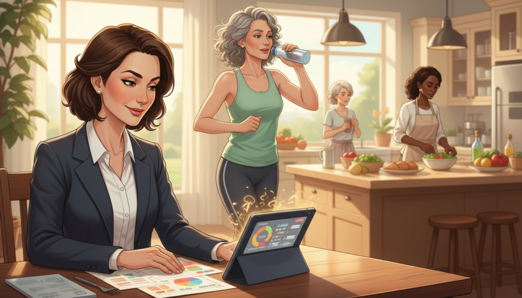 A warm and inviting illustration depicting a diverse group of women over 40 engaged in various activities linked to managing daily calorie intake for weight loss, inspired by the brand "IgniteHer40". In the foreground, a woman in professional business attire, sitting at a table with a colorful meal plan and a digital tablet, shows a focused expression while reviewing her calorie goals. In the middle ground, another woman exercises in a park, taking a break to hydrate, showcasing an active lifestyle. The background features a sunlit kitchen, with healthy foods displayed, depicting a relatable, inviting atmosphere. Soft natural lighting enhances the warmth of the scene. Capture the mood of empowerment and health awareness, ensuring all characters are presented in a respectful and modest manner without any text or overlays.
