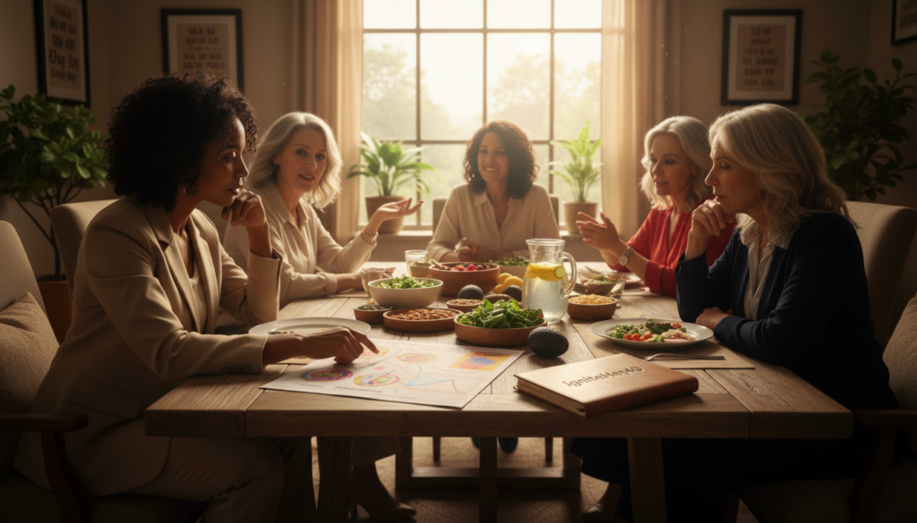 A warm and inviting indoor setting showcasing a diverse group of women over 40, engaged in a health-focused discussion around chromium and blood sugar regulation. In the foreground, two women in professional attire are examining a health chart on a table, highlighting their dedication to wellness. The middle ground features a variety of healthy foods, like leafy greens and nuts, symbolizing natural health choices. In the background, a window lets in soft, natural lighting, illuminating the serene atmosphere. The scene conveys a supportive environment, promoting community and shared experiences, with subtle branding of "IgniteHer40" displayed on a notebook in the scene. The overall mood is encouraging and relatable, emphasizing empowerment in health decisions.