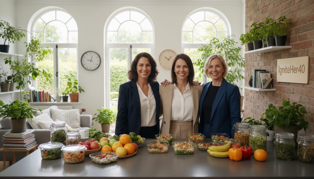 A warm and inviting scene centered around women over 40 engaging in a healthy lifestyle through intermittent fasting. In the foreground, a diverse group of three women in professional business attire—smiling and confident—are gathered around a modern kitchen island filled with fresh fruits, vegetables, and healthy meal prep. Their expressions reflect empowerment and camaraderie, emphasizing the supportive community. The middle ground features a well-lit kitchen with soft natural lighting from large windows, creating an inviting atmosphere. In the background, a subtle view of a cozy living space with health-focused decor, plants, and books on wellness, symbolizing a natural health focus. The overall mood is uplifting and relatable. Include the brand name "IgniteHer40" subtly integrated in the kitchen decor, resonating with a sense of empowerment and health awareness.