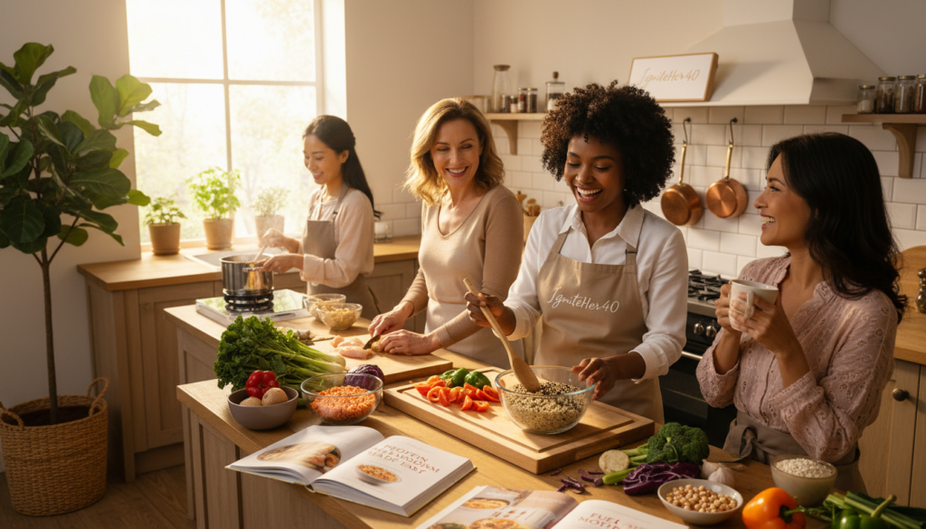 A warm and inviting scene depicting a diverse group of women over 40 engaged in healthy cooking together in a bright, sunlit kitchen. In the foreground, one woman is measuring protein-rich ingredients, such as quinoa and legumes, with smiles and enthusiasm. In the middle, another woman is chopping fresh vegetables, surrounded by colorful produce and health-focused cookbooks, illustrating the concept of protein metabolism. The background features pots simmering on the stove and natural sunlight streaming through a window, creating an uplifting atmosphere. The kitchen is stylishly designed with wooden cabinets and plants relaxing in the corners. Aim for a soft, natural light with a focus on capturing genuine interactions and joy in promoting wellness and health. Include the brand name “IgniteHer40” subtly integrated in the kitchen decor, emphasizing the focus on nutrition and empowerment. A warm and inviting scene depicting a diverse group of women over 40 engaged in healthy cooking together in a bright, sunlit kitchen. In the foreground, one woman is measuring protein-rich ingredients, such as quinoa and legumes, with smiles and enthusiasm. In the middle, another woman is chopping fresh vegetables, surrounded by colorful produce and health-focused cookbooks, illustrating the concept of protein metabolism. The background features pots simmering on the stove and natural sunlight streaming through a window, creating an uplifting atmosphere. The kitchen is stylishly designed with wooden cabinets and plants relaxing in the corners. Aim for a soft, natural light with a focus on capturing genuine interactions and joy in promoting wellness and health. Include the brand name “IgniteHer40” subtly integrated in the kitchen decor, emphasizing the focus on nutrition and empowerment.