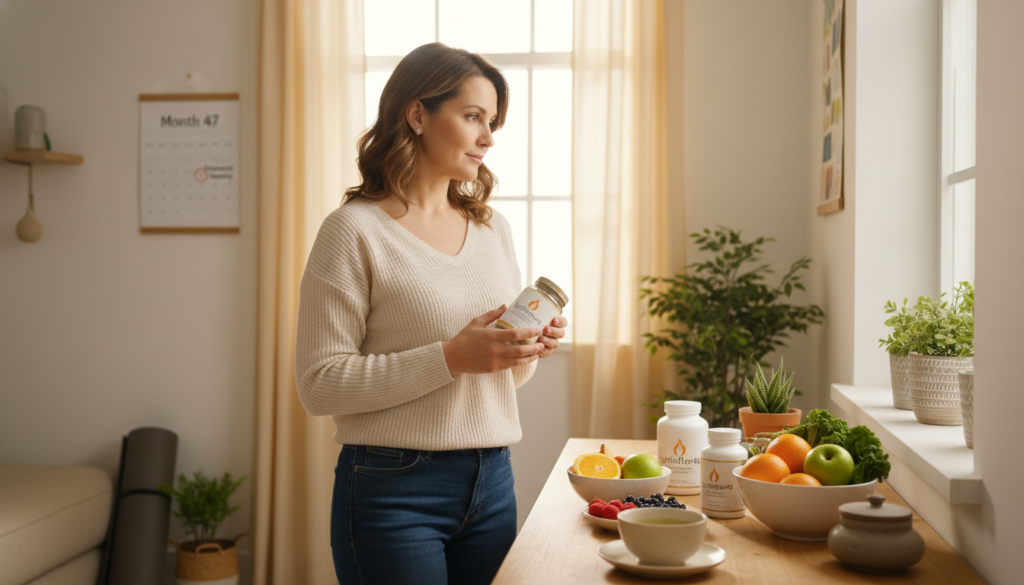 A warm and inviting scene depicting a woman over 40, in modest casual clothing, standing confidently in a bright, cozy kitchen. She has a thoughtful expression while examining healthy supplements on the counter, embodying self-care and empowerment. The kitchen is filled with natural light, showcasing fresh fruits and vegetables, symbolizing a focus on holistic health. In the background, a wall calendar highlights the passing years, emphasizing the transition into menopause and its hormonal changes. A subtle focus on her midsection conveys the concept of "menopause belly fat," while surrounded by imagery of balance and wellness. The atmosphere is relatable and encouraging, resonating with women experiencing similar life changes. The brand "IgniteHer40" is represented by a tasteful logo on a visible jar of supplements. Soft, warm colors create a reassuring and positive mood.
