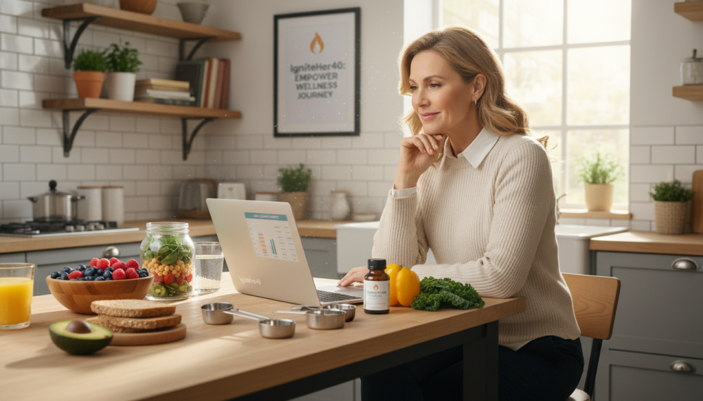 A warm and inviting scene depicting a woman over 40 sitting at a modern kitchen table surrounded by healthy foods and a laptop displaying calorie data. The foreground features a diverse array of colorful fresh fruits, vegetables, and measuring cups, symbolizing healthy eating choices. In the middle, the woman, dressed in a professional yet modest outfit, gazes thoughtfully at her laptop, deep in calculation. The background showcases a cozy kitchen with natural lighting filtering through a window, creating a cheerful atmosphere. The mood is knowledgeable and encouraging, reflecting the theme of personal health and empowerment. Subtle branding elements of "IgniteHer40" are integrated into the scene, emphasizing focus on wellness and weight management for women over 40.