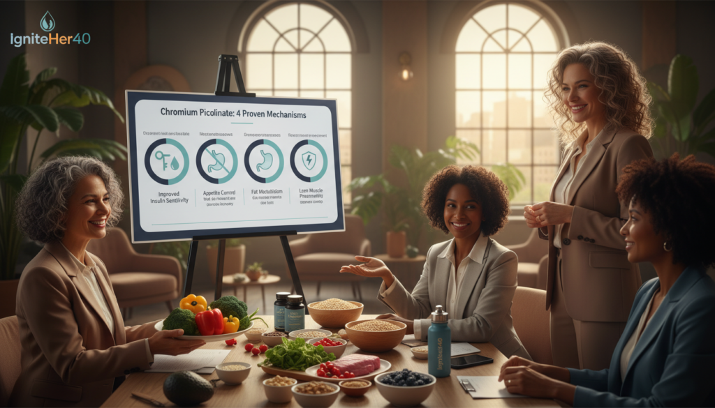 A warm and inviting scene depicting the benefits of chromium picolinate for weight management, focusing on women over 40. In the foreground, a diverse group of confident women in professional attire are engaging in a vibrant health workshop, showcasing natural foods like vegetables, grains, and supplements associated with chromium picolinate. The middle ground presents a colorful infographic on the four proven mechanisms of chromium picolinate, including improved insulin sensitivity, appetite control, fat metabolism, and lean muscle preservation, illustrated with icons and simple diagrams. The background features warm lighting through large windows, creating a cozy, welcoming atmosphere. The overall mood is supportive and empowering, with the brand name "IgniteHer40" subtly incorporated into the workshop materials, encouraging women to embrace their health journeys.