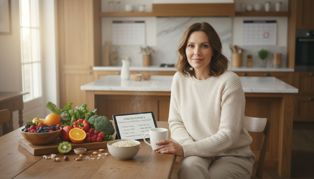 A warm and inviting scene depicting the caloric needs for perimenopausal women, focusing on hormonal changes. In the foreground, a confident woman in her 40s, wearing modest casual clothing, is surrounded by healthy foods like fruits, vegetables, and grains, symbolizing a balanced diet. In the middle ground, a soft, open kitchen space filled with natural light filters through a window, creating an uplifting atmosphere. Background elements include a calendar showing the different phases of perimenopause, and a subtle infographic about caloric needs displayed on a tablet. The overall mood is empowering and supportive, highlighting the importance of nutrition during this transitional phase. Use a soft-focus lens to enhance the warmth, and aim for a slightly elevated angle to capture the scene's cohesiveness. Illustrate IgniteHer40's natural health focus.