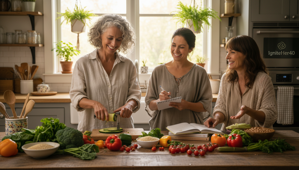 A warm and inviting scene featuring a diverse group of three women over 40, gathered in a bright, airy kitchen, sharing healthy meal preparation tips. The foreground showcases a wooden table filled with vibrant, fresh vegetables, whole grains, and healthy recipe books, with the women actively engaged in discussion. In the middle, one woman demonstrates a cooking technique while another takes notes, all dressed in modest, casual clothing. The background reveals sunlit windows with green plants, creating a calming atmosphere that emphasizes natural health. Soft, natural lighting highlights the women's smiles, fostering a relatable tone. Include subtle branding elements of "IgniteHer40" in an unobtrusive way in the kitchen decor, ensuring the focus remains on the women and their wellness journey.