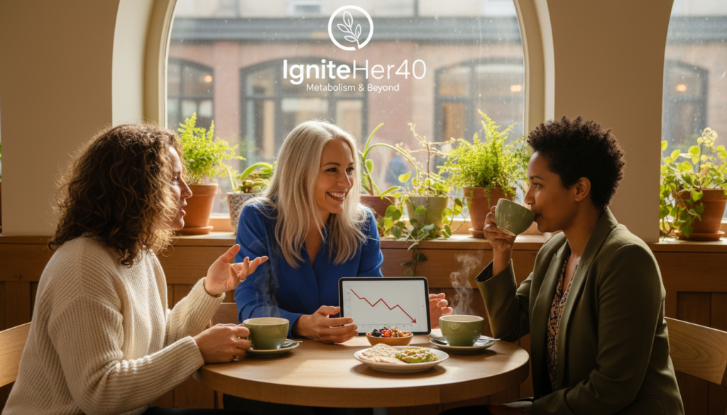 A warm and inviting scene featuring a group of three diverse women over 40, engaging in a lively discussion about metabolism while seated at a cozy café table adorned with fresh green tea cups and health-oriented snacks. The women are dressed in modest, professional casual attire, radiating energy and curiosity. In the background, there are soft natural light streaming through large windows, creating a welcoming atmosphere. Lush indoor plants line the windowsill to emphasize a connection with nature. The setting reflects a relatable, everyday moment, evoking feelings of health-consciousness and community. This illustration represents the theme of metabolic rate changes after 40, connecting to the brand IgniteHer40.