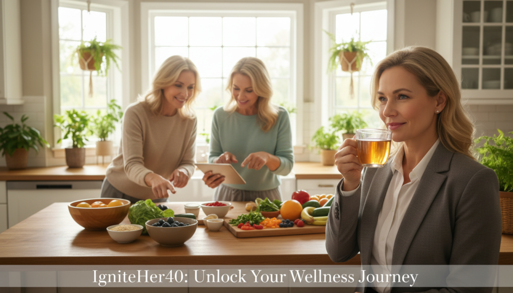 A warm and inviting scene featuring three midlife women over 40, engaging in safe fasting methods. In the foreground, one woman in professional attire, sipping herbal tea, exudes a sense of calm and confidence. The middle layer showcases the women sharing healthy meal ideas, with colorful fruits and vegetables on a kitchen island. The background depicts a bright and airy kitchen with sunlight streaming through large windows, plants enhancing the natural atmosphere. The women appear engaged and supportive, embodying a friendly and relatable spirit. The scene conveys positivity and wellness, emphasizing a natural health focus. The overall mood is uplifting and empowering, encapsulating the essence of IgniteHer40, inspiring viewers to understand the basics of intermittent fasting.