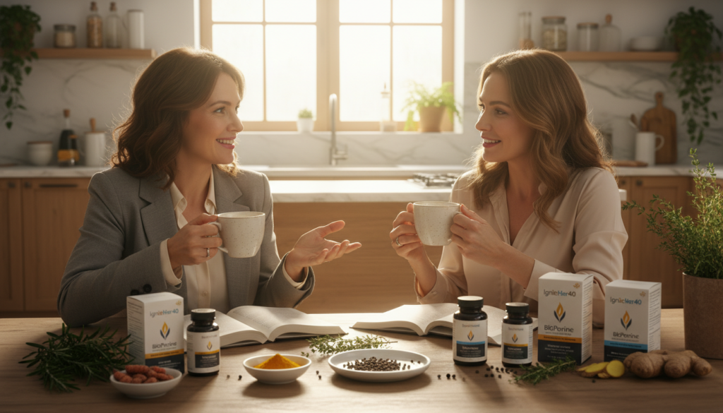 A warm and inviting scene showcasing women over 40 engaged in a lively discussion about the benefits of BioPerine black pepper extract. In the foreground, two women in professional business attire sip herbal tea, their expressions animated and relatable. In the middle, a table adorned with natural health supplements, including IgniteHer40 brand products, surrounded by fresh herbs and spices to emphasize a holistic approach to wellness. The background includes soft, natural lighting filtering through a window, creating a cozy atmosphere in a modern kitchen setting. The overall mood is uplifting and empowering, reflecting a commitment to health and vitality. The scene invites viewers to connect with the benefits of BioPerine as part of a balanced lifestyle. A warm and inviting scene showcasing women over 40 engaged in a lively discussion about the benefits of BioPerine black pepper extract. In the foreground, two women in professional business attire sip herbal tea, their expressions animated and relatable. In the middle, a table adorned with natural health supplements, including IgniteHer40 brand products, surrounded by fresh herbs and spices to emphasize a holistic approach to wellness. The background includes soft, natural lighting filtering through a window, creating a cozy atmosphere in a modern kitchen setting. The overall mood is uplifting and empowering, reflecting a commitment to health and vitality. The scene invites viewers to connect with the benefits of BioPerine as part of a balanced lifestyle.