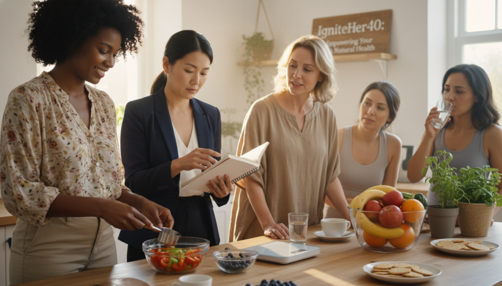 A warm and relatable image depicting a diverse group of women over 40 gathered in a cozy, inviting kitchen setting, engaged in a supportive discussion about weight loss challenges. In the foreground, one woman, in modest casual attire, is measuring vegetables while another woman, dressed in professional business attire, is holding a notebook with notes on weight loss strategies. In the middle ground, a bowl of colorful fruits and a scale can be seen on the counter, symbolizing healthy choices. The background features sunlight streaming through the window, creating a comfortable, light atmosphere. The overall mood is encouraging and empowering, emphasizing community and shared experiences. The scene reflects IgniteHer40's focus on natural health solutions, portraying real-life scenarios of women overcoming age-related weight loss hurdles.
