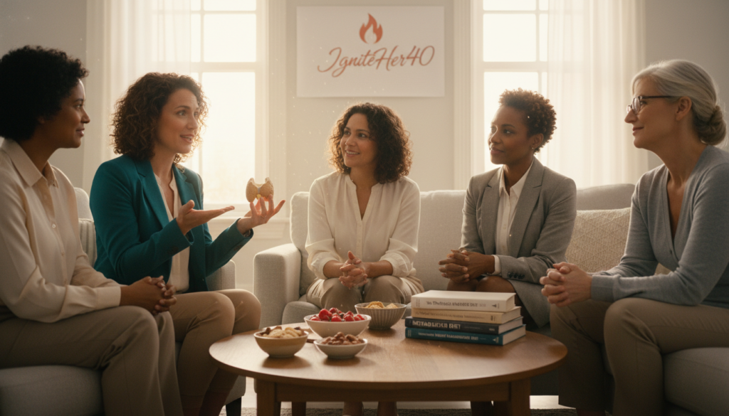 A warm and relatable scene depicting a diverse group of women over 40 gathered in a cozy, well-lit living room. They are engaged in an informative discussion about thyroid health and metabolism, emphasizing a natural health focus. The women, dressed in professional business attire or modest casual clothing, exhibit expressions of hope and determination. In the foreground, a woman holds a thyroid model, gesturing animatedly. The middle layer features a table with healthy snacks and lifestyle books about weight management. In the background, soft sunlight filters through a window, creating an inviting atmosphere. The overall mood is supportive and empowering, highlighting the brand "IgniteHer40" as a symbol of knowledge and community for women on their health journey.