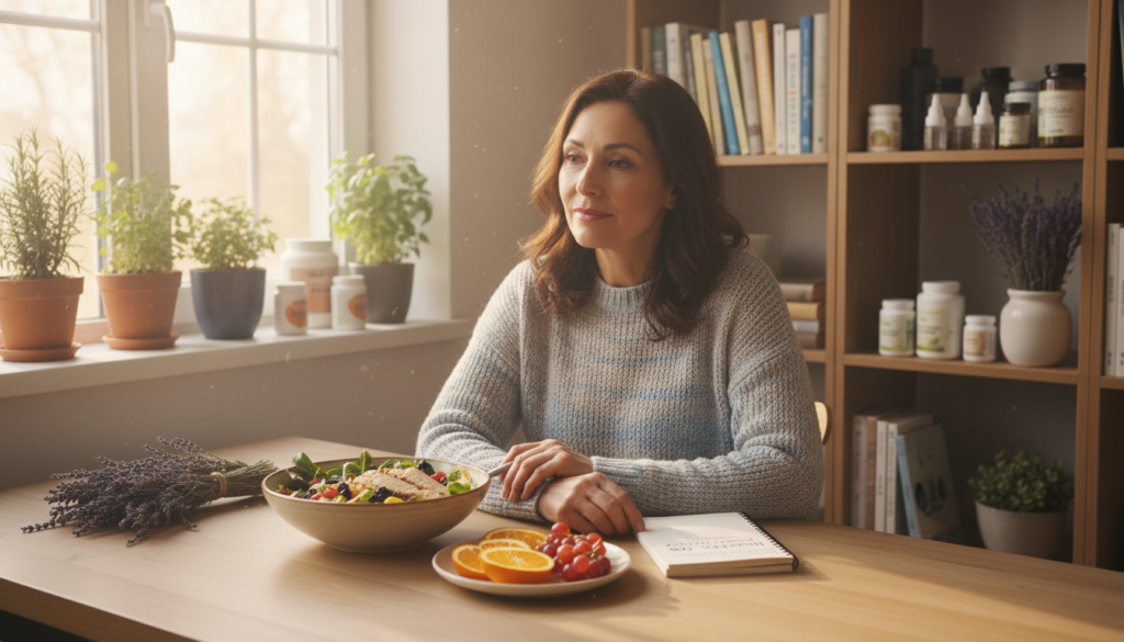 A warm and relatable scene depicting a woman over 40, looking thoughtfully at a healthy meal, revealing the struggles of managing weight gain linked to hypothyroidism. In the foreground, she is seated at a kitchen table with a journal and a plate of nutritious food, such as salads and fruits, symbolizing healthy choices. In the middle ground, a window casts soft, natural light, enhancing the cozy atmosphere and emphasizing a sense of hope and determination. In the background, shelves filled with wellness books, herbs, and supplements reflect a focus on natural health strategies. The composition should evoke a supportive, positive mood, aligning with the theme of "IgniteHer40" while capturing the nuances of living with thyroid issues. The overall imagery should be bright and inviting, aimed at inspiring women to embrace their health journey.