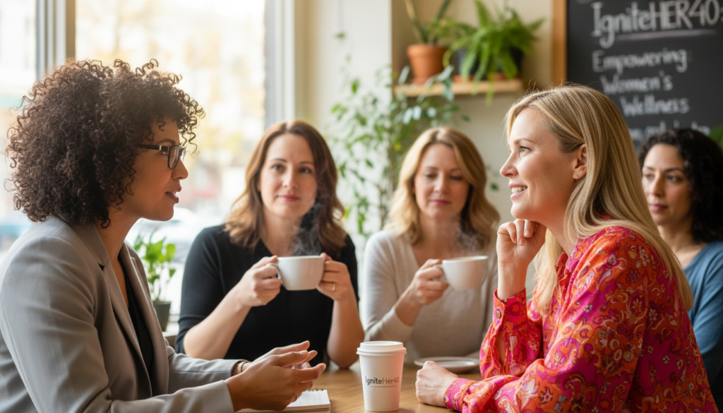 A warm and relatable scene featuring a diverse group of women over 40 sitting together in a bright, inviting café, engaged in conversation about health and wellness. In the foreground, focus on two women in professional business attire — one with curly hair and glasses, the other with straight hair and a vibrant blouse — sharing insights on adrenal health. In the middle ground, two other women nod in agreement, holding herbal tea. The background softly blends warm hues of a bustling café filled with greenery, promoting a natural health atmosphere. Use soft, natural lighting to create an intimate mood, captured with a 50mm lens from a slightly elevated angle. The scene embodies the essence of empowerment and community support in addressing cortisol dysfunction, highlighted by the brand "IgniteHer40."