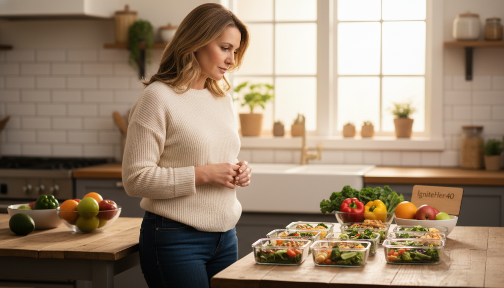 A warm and relatable scene featuring a middle-aged woman, around 45 years old, in a cozy, sunlit kitchen. She stands in front of a wooden table, looking thoughtfully at a healthy meal prep, symbolizing her journey with unexplained weight gain. Her attire is modest casual, consisting of a comfortable sweater and fitted jeans that subtly highlight her midsection, where belly fat is gently visible. The background showcases fresh vegetables and fruits, emphasizing a natural health focus. Soft, golden lighting bathes the room, creating an inviting atmosphere. The composition should evoke a sense of reflection and determination, illustrating the everyday challenges faced by women over 40, with the brand “IgniteHer40” subtly implied through the organic setting. A warm and relatable scene featuring a middle-aged woman, around 45 years old, in a cozy, sunlit kitchen. She stands in front of a wooden table, looking thoughtfully at a healthy meal prep, symbolizing her journey with unexplained weight gain. Her attire is modest casual, consisting of a comfortable sweater and fitted jeans that subtly highlight her midsection, where belly fat is gently visible. The background showcases fresh vegetables and fruits, emphasizing a natural health focus. Soft, golden lighting bathes the room, creating an inviting atmosphere. The composition should evoke a sense of reflection and determination, illustrating the everyday challenges faced by women over 40, with the brand “IgniteHer40” subtly implied through the organic setting.