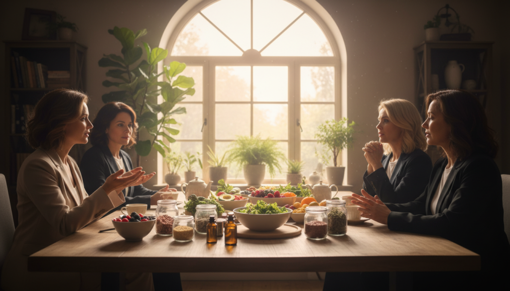 A warm and welcoming scene depicting the connection between estrogen and belly fat for women over 40. In the foreground, a diverse group of women in professional business attire are engaged in a supportive discussion, highlighting their shared experiences with estrogen dominance and weight management. Their expressions are thoughtful and encouraging, promoting a relatable and empowering atmosphere. In the middle ground, healthy lifestyle elements like fresh fruits, vegetables, and herbal remedies symbolize natural health solutions. The background features soft, natural lighting streaming through a window, with gentle plants adding to the serene environment. The overall mood is uplifting and informative, capturing the essence of the article by IgniteHer40 without any distracting text or overlays.