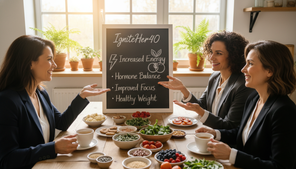 A warm, inviting scene depicting women over 40 engaging in intermittent fasting benefits, set in a cozy kitchen. In the foreground, a diverse group of three women, dressed in professional business attire, gather around a beautifully arranged table filled with healthy foods like fruits, vegetables, and nuts, symbolizing balanced nutrition. In the middle, a chalkboard with the brand name "IgniteHer40" subtly displayed, alongside illustrations of benefits like increased energy and hormone balance. In the background, sunlight streams through a window, creating a bright and uplifting atmosphere, with decorative plants enhancing the natural health focus. The lens captures a slightly angled view, promoting a sense of community and empowerment as these women share experiences and tips.