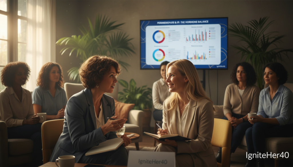 A warm, inviting scene showcasing a diverse group of women over 40 engaged in an informative discussion about perimenopause and intermittent fasting. In the foreground, two women in professional business attire, one with short curly hair and the other with long straight hair, are animatedly exchanging ideas, holding notebooks. The middle ground features charts and graphics on hormonal changes displayed on a digital screen, blending seamlessly into the conversation. The background is a softly lit room with plants and cozy seating, exuding a friendly, educational atmosphere. Natural light streams through large windows, casting a warm glow. The overall mood is supportive and empowering, capturing the essence of "IgniteHer40."