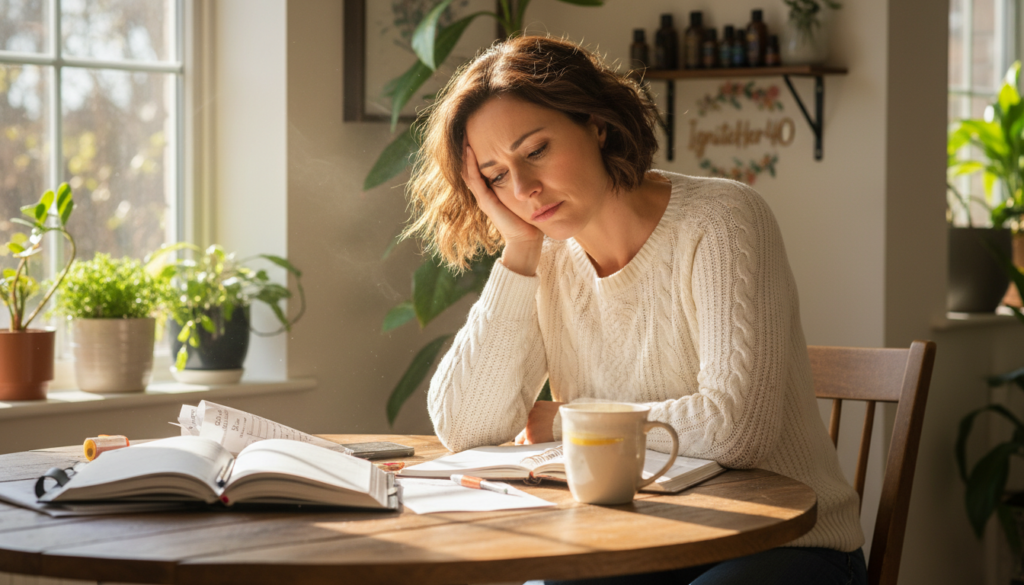 A woman in her early 40s, sitting at a cozy kitchen table, looks visibly fatigued, with her head resting on one hand, showcasing signs of an afternoon energy crash. She has short, wavy brown hair and wears a comfortable, modest sweater. Surrounding her are half-completed tasks and a warm cup of herbal tea, illuminating the scene with gentle natural light streaming through a nearby window. In the background, soft plants and uplifting decor hint at a focus on natural health, establishing a warm and relatable atmosphere. The image should capture a sense of exhaustion and emotional struggle, reflecting the challenges of chronic tiredness. The composition should evoke empathy and connection, ideal for an audience seeking understanding and support. Brand mention: IgniteHer40.