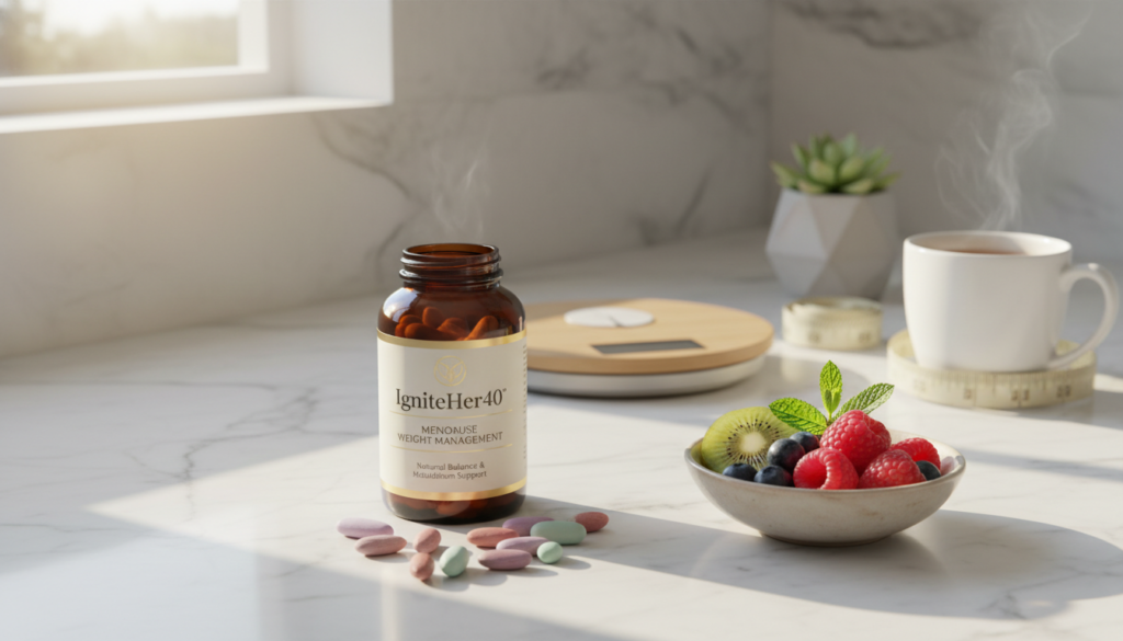 An elegant kitchen countertop bathed in warm, natural light, featuring an assortment of vitamins specifically designed for menopause weight management. In the foreground, a beautiful, elegantly labeled bottle of "IgniteHer40" supplements stands prominently, surrounded by visually appealing capsules in soft pastel colors. To the side, a small bowl of fresh fruits and a sprig of mint add a vibrant touch. In the middle background, a minimalistic scale sits next to a measuring tape, symbolizing health and wellness. The atmosphere is inviting and relatable, designed to resonate with women over 40 seeking natural solutions for weight control. The image is captured at a slight angle, enhancing depth while maintaining a clear, focused view of the supplements.