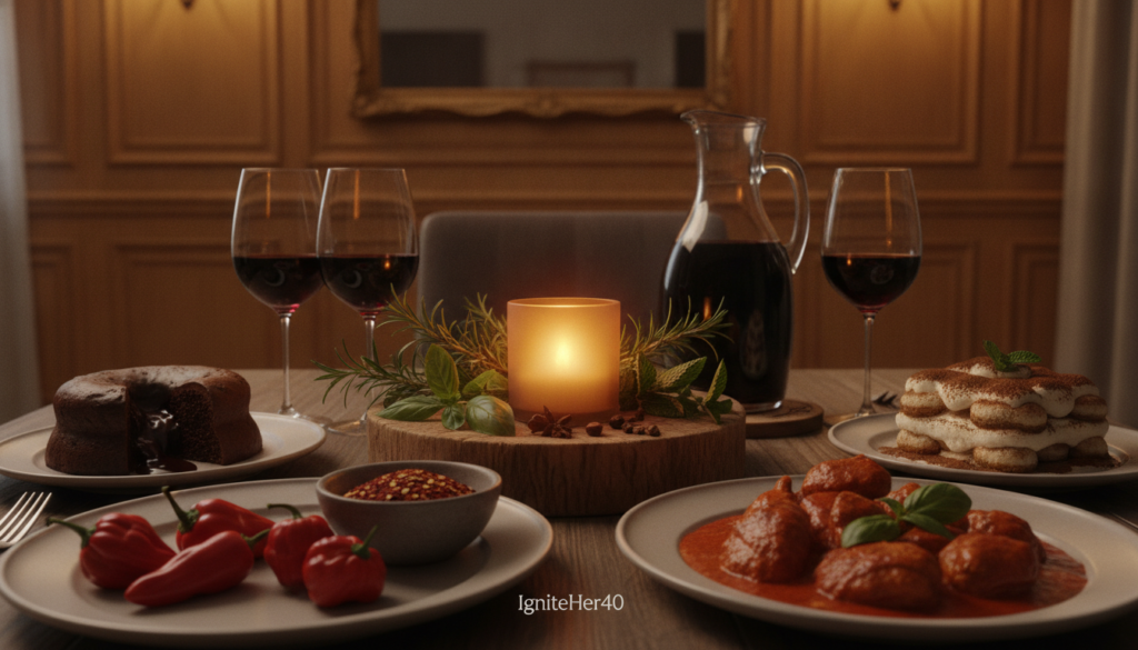 A beautifully arranged dinner table set for a cozy evening, showcasing a variety of foods that trigger hot flashes specifically at night for women over 40. In the foreground, there are plates of spicy dishes like chili peppers and curry, bowls of rich, creamy desserts, and a jug of red wine. The middle ground features a bouquet of vibrant, fresh herbs and a small candle flickering softly, casting a warm, inviting glow. The background displays an elegant dining room with warm wooden tones and soft lighting, contributing to a homely atmosphere. The image should evoke a sense of caution and awareness, highlighting the potential pitfalls of a seemingly delightful dinner. Include the brand name "IgniteHer40" subtly in the décor as a nod to natural health focus.