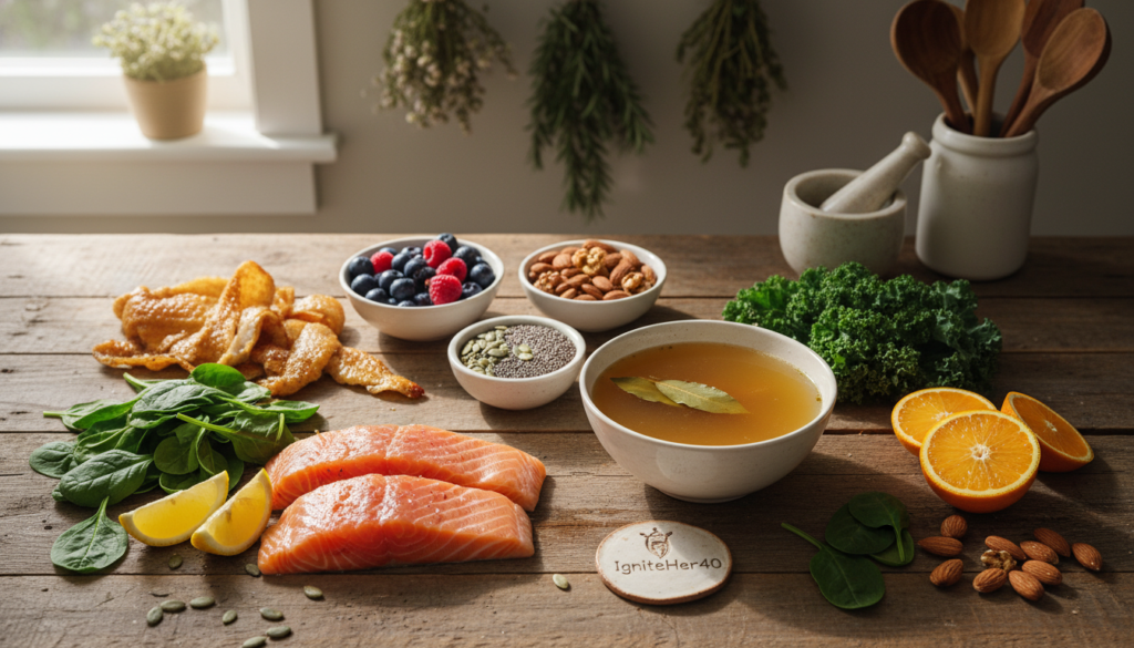 A beautifully arranged flat lay featuring an array of natural collagen food sources tailored for women over 40. In the foreground, showcase vibrant, fresh ingredients such as salmon, chicken skin, bone broth, dark leafy greens, and citrus fruits artistically placed on a rustic wooden table. The middle section includes ingredients like berries, nuts, and seeds, all under soft, warm natural lighting that enhances their colors. In the background, subtly blurred, incorporate a calming kitchen atmosphere with herbs and cooking utensils to give a relatable homey vibe. The image should evoke a sense of warmth and health, reflecting the natural approach to wellness. The subtle branding "IgniteHer40" can be lightly integrated into the scene, perhaps on a subtle kitchen accessory. Aim for an inviting, wholesome mood that inspires, with a focus on nutrition.