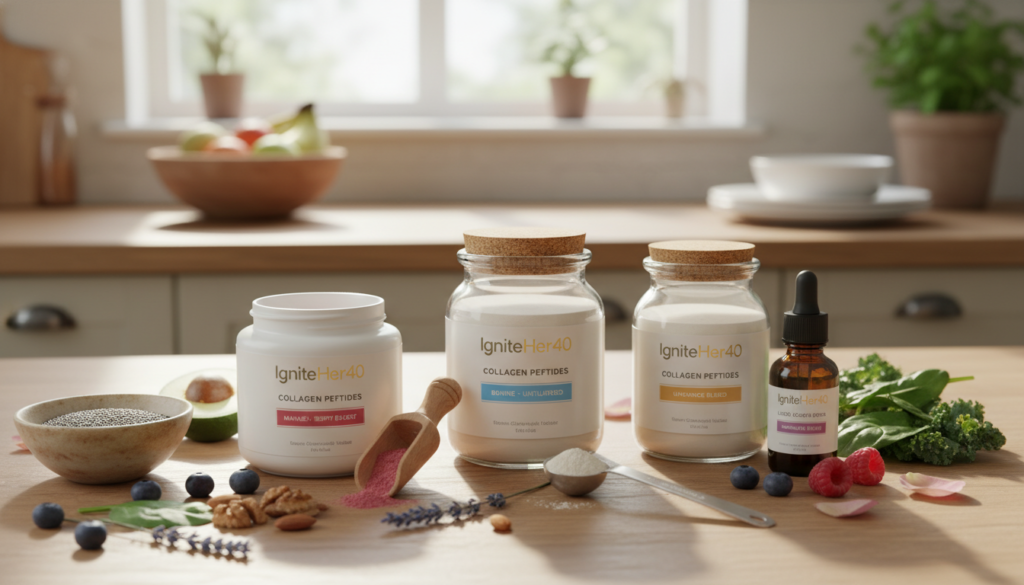 A beautifully arranged flat lay image focusing on different types of collagen peptides specifically designed for women over 40, emphasizing natural health. In the foreground, display elegant containers of collagen powder in a variety of flavors and forms, some with scoops or measuring spoons. The middle ground should have fresh ingredients like berries, nuts, and greens, representing wholesome options for mixing the peptides. In the background, softly blurred imagery of a serene kitchen setting with warm, natural lighting filtering through a window, enhancing the inviting atmosphere. Include the brand name "IgniteHer40" subtly within the product display. The mood should be warm and relatable, reflecting a commitment to health and wellness, suitable for a lifestyle article.