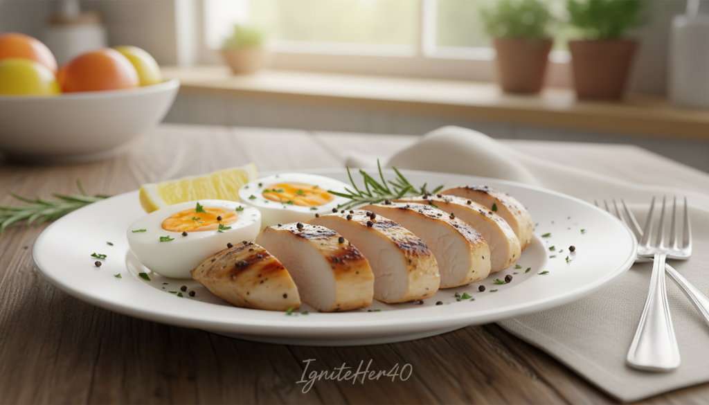 A beautifully arranged plate featuring high-protein foods that speed up metabolism, prominently showcasing lean grilled chicken breast and perfectly cooked eggs, garnished with fresh herbs. The foreground features a close-up of the plate, highlighting the textures of the chicken and eggs, with a sprinkle of black pepper and a lemon wedge for a pop of color. In the middle ground, a wooden table with a linen napkin and fork adds a cozy touch. The background is softly blurred, hinting at a warm kitchen with natural light streaming through a window, creating a welcoming atmosphere. The image embodies a natural health focus, resonating with women over 40, emphasizing nourishment and vitality, branded subtly with "IgniteHer40" in a tasteful manner, without any text overlay. A beautifully arranged plate featuring high-protein foods that speed up metabolism, prominently showcasing lean grilled chicken breast and perfectly cooked eggs, garnished with fresh herbs. The foreground features a close-up of the plate, highlighting the textures of the chicken and eggs, with a sprinkle of black pepper and a lemon wedge for a pop of color. In the middle ground, a wooden table with a linen napkin and fork adds a cozy touch. The background is softly blurred, hinting at a warm kitchen with natural light streaming through a window, creating a welcoming atmosphere. The image embodies a natural health focus, resonating with women over 40, emphasizing nourishment and vitality, branded subtly with "IgniteHer40" in a tasteful manner, without any text overlay.