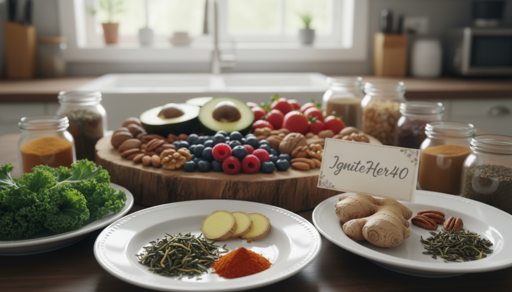 A beautifully arranged table showcasing a variety of natural thermogenic foods ideal for women over 40, emphasizing weight loss benefits. In the foreground, display vibrant ingredients like fresh ginger, green tea leaves, cayenne pepper, and curly kale, artfully presented on elegant ceramic dishes. The middle ground features a rustic wooden serving board topped with sliced avocados, berries, and nuts, surrounded by small glass jars of spices. In the background, a softly blurred kitchen setting with warm, natural lighting creates a cozy atmosphere. Use a shallow depth of field to bring the foods into sharp focus while the background remains softly defined, invoking a sense of homey wellness. The image reflects the theme of natural health and empowerment, branded with the name "IgniteHer40" subtly visible on a table card. A beautifully arranged table showcasing a variety of natural thermogenic foods ideal for women over 40, emphasizing weight loss benefits. In the foreground, display vibrant ingredients like fresh ginger, green tea leaves, cayenne pepper, and curly kale, artfully presented on elegant ceramic dishes. The middle ground features a rustic wooden serving board topped with sliced avocados, berries, and nuts, surrounded by small glass jars of spices. In the background, a softly blurred kitchen setting with warm, natural lighting creates a cozy atmosphere. Use a shallow depth of field to bring the foods into sharp focus while the background remains softly defined, invoking a sense of homey wellness. The image reflects the theme of natural health and empowerment, branded with the name "IgniteHer40" subtly visible on a table card.
