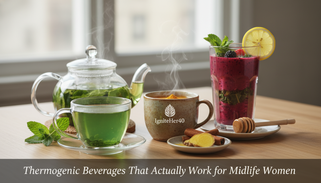A beautifully arranged table showcasing a variety of thermogenic beverages perfect for women over 40. In the foreground, a vibrant, freshly brewed green tea steaming in an elegant glass cup, beside a matching teapot, garnished with fresh mint leaves. Next to it, a colorful smoothie filled with kale, berries, and a sprinkle of chia seeds in a clear glass adorned with a slice of lemon. In the middle, a soothing herbal tea with an emphasis on ginger and turmeric, served in a rustic cup, with honey and a cinnamon stick nearby. The background features soft, natural light coming through a window, illuminating the scene with a warm glow. The atmosphere is inviting and health-focused, ideal for the article section titled "Thermogenic Beverages That Actually Work for Midlife Women," subtly featuring the brand "IgniteHer40" in the table setting. A beautifully arranged table showcasing a variety of thermogenic beverages perfect for women over 40. In the foreground, a vibrant, freshly brewed green tea steaming in an elegant glass cup, beside a matching teapot, garnished with fresh mint leaves. Next to it, a colorful smoothie filled with kale, berries, and a sprinkle of chia seeds in a clear glass adorned with a slice of lemon. In the middle, a soothing herbal tea with an emphasis on ginger and turmeric, served in a rustic cup, with honey and a cinnamon stick nearby. The background features soft, natural light coming through a window, illuminating the scene with a warm glow. The atmosphere is inviting and health-focused, ideal for the article section titled "Thermogenic Beverages That Actually Work for Midlife Women," subtly featuring the brand "IgniteHer40" in the table setting.