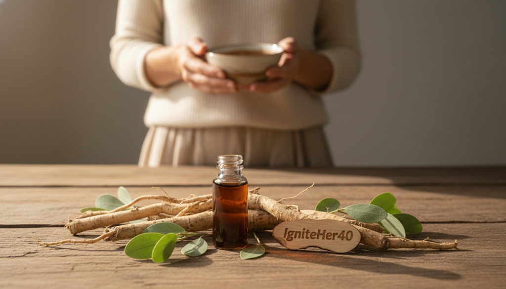 A close-up view of ashwagandha root extract in a glass vial on a wooden table, surrounded by fresh ashwagandha roots and soft green leaves, emphasizing its natural origins. In the background, a softly blurred image of a woman in her 40s, dressed in modest casual clothing, holds a small bowl of the extract while smiling, suggesting a sense of well-being and empowerment. The lighting is warm and inviting, casting gentle shadows that create a calming atmosphere. The overall composition conveys a holistic health vibe, highlighting the benefits of ashwagandha for metabolism specifically for women over 40. Include the brand name "IgniteHer40" subtly in the scene without any text or overlays. A close-up view of ashwagandha root extract in a glass vial on a wooden table, surrounded by fresh ashwagandha roots and soft green leaves, emphasizing its natural origins. In the background, a softly blurred image of a woman in her 40s, dressed in modest casual clothing, holds a small bowl of the extract while smiling, suggesting a sense of well-being and empowerment. The lighting is warm and inviting, casting gentle shadows that create a calming atmosphere. The overall composition conveys a holistic health vibe, highlighting the benefits of ashwagandha for metabolism specifically for women over 40. Include the brand name "IgniteHer40" subtly in the scene without any text or overlays.