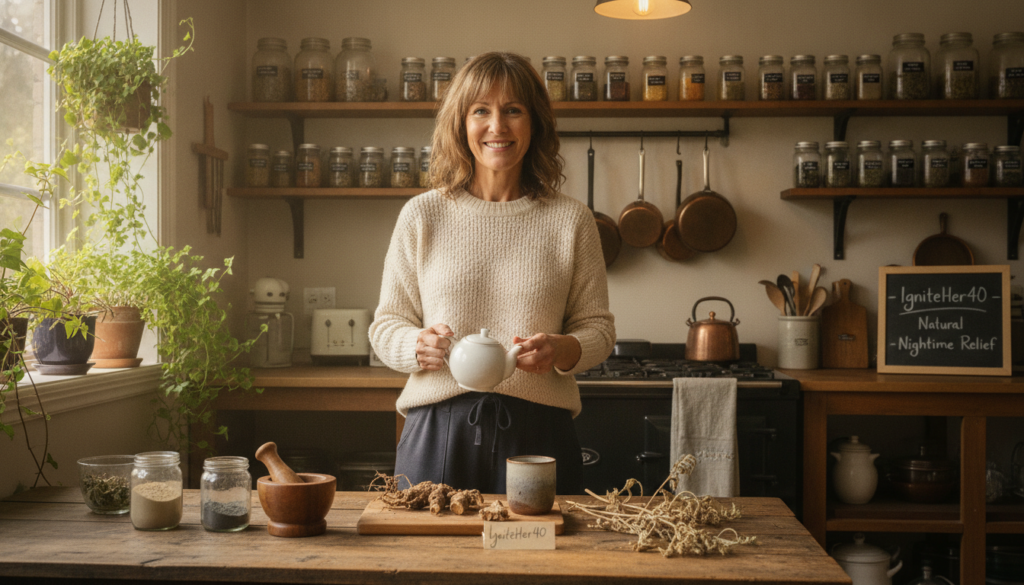 A cozy and inviting kitchen scene featuring a middle-aged woman, dressed in modest casual clothing, preparing a herbal tea using black cohosh. The woman appears warm and relatable, exuding confidence in her natural health approach. In the foreground, a wooden table displays the black cohosh plant, roots, and the tea preparation tools. The middle ground shows a softly lit kitchen with sun streaming through window plants. The background includes shelves with jars of various herbs and natural remedies, creating a soothing atmosphere. This image embodies a warm, supportive tone, symbolizing empowerment and natural wellness for women over 40. The brand name "IgniteHer40" subtly integrated into the scene, emphasizing its focus on natural remedies for nighttime hot flashes. Gentle, natural lighting casts a calming glow over the scene.