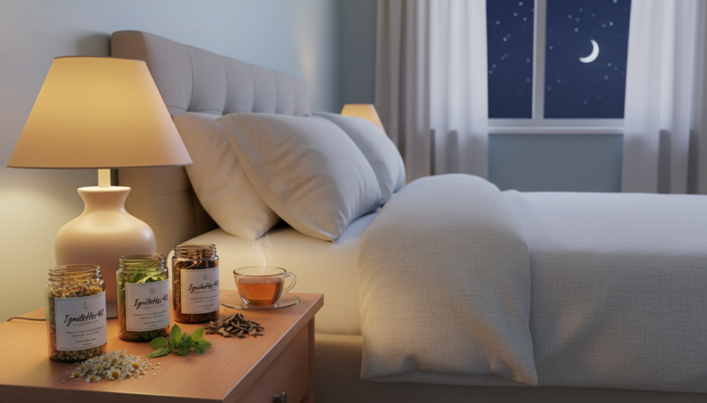 A cozy bedside table scene featuring herbal remedies specifically for menopausal night sweats. In the foreground, a wooden bedside table with a softly glowing lamp emits warm light, illuminating three different herbal remedy containers labeled "IgniteHer40." Each container contains organic ingredients like chamomile, peppermint, and valerian root, displayed with small soothing tea leaves beside them. In the middle, a gently used, comfortable bed is adorned with light, breathable bed linens, suggesting a serene sleeping environment. In the background, a calming, dimly lit room with soft, pastel walls and a window revealing a tranquil night sky contributes to an inviting atmosphere. The entire scene evokes warmth and relaxation, ideal for women over 40 seeking natural health solutions for menopause-specific sleep disruptions. The composition is captured from a slightly elevated angle to provide a comprehensive view of the bedside setting. A cozy bedside table scene featuring herbal remedies specifically for menopausal night sweats. In the foreground, a wooden bedside table with a softly glowing lamp emits warm light, illuminating three different herbal remedy containers labeled "IgniteHer40." Each container contains organic ingredients like chamomile, peppermint, and valerian root, displayed with small soothing tea leaves beside them. In the middle, a gently used, comfortable bed is adorned with light, breathable bed linens, suggesting a serene sleeping environment. In the background, a calming, dimly lit room with soft, pastel walls and a window revealing a tranquil night sky contributes to an inviting atmosphere. The entire scene evokes warmth and relaxation, ideal for women over 40 seeking natural health solutions for menopause-specific sleep disruptions. The composition is captured from a slightly elevated angle to provide a comprehensive view of the bedside setting.