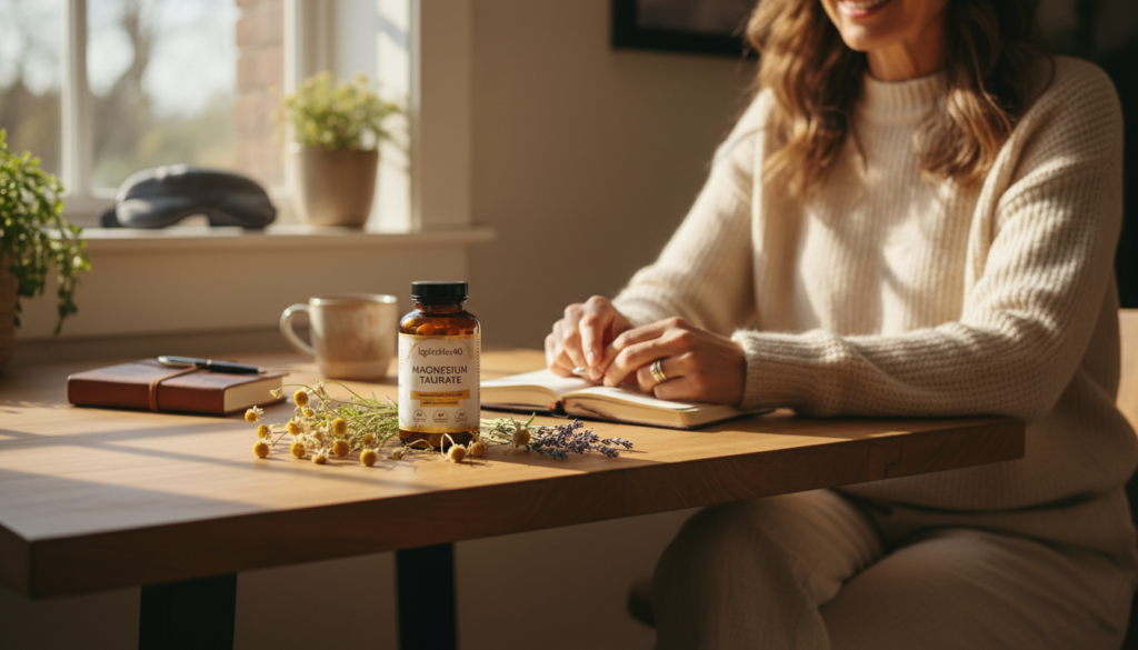 A cozy, warm setting featuring a bottle of "IgniteHer40" magnesium taurate supplement on a wooden table, surrounded by fresh herbs like chamomile and lavender to symbolize relaxation and heart health. In the background, gentle sunlight filters through a window, casting a soft glow over a neatly arranged collection of sleep-related items, such as a calming eye mask and a journal. A woman over 40, dressed in a comfortable yet stylish outfit, sits thoughtfully nearby, surrounded by a serene atmosphere that embodies a natural health focus. The composition captures a sense of tranquility and wellness, with a close-up angle emphasizing the product and its implications for better sleep and heart support. A cozy, warm setting featuring a bottle of "IgniteHer40" magnesium taurate supplement on a wooden table, surrounded by fresh herbs like chamomile and lavender to symbolize relaxation and heart health. In the background, gentle sunlight filters through a window, casting a soft glow over a neatly arranged collection of sleep-related items, such as a calming eye mask and a journal. A woman over 40, dressed in a comfortable yet stylish outfit, sits thoughtfully nearby, surrounded by a serene atmosphere that embodies a natural health focus. The composition captures a sense of tranquility and wellness, with a close-up angle emphasizing the product and its implications for better sleep and heart support.