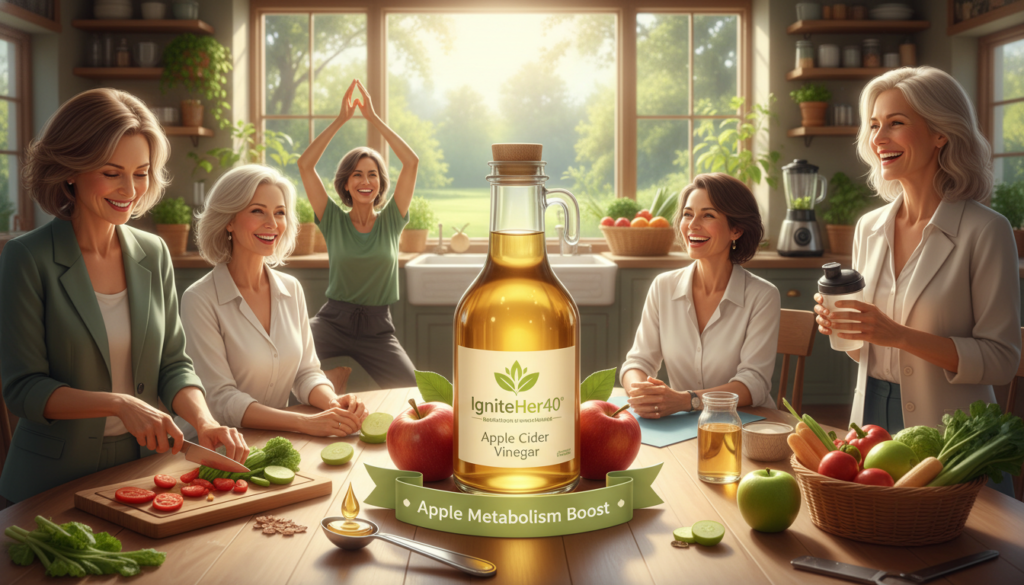 A dynamic and informative illustration showing the metabolism-boosting effects of apple cider vinegar on women over 40. In the foreground, a diverse group of relatable women in professional casual attire, engaged in activities like cooking and exercising, symbolizing health and vitality. In the middle layer, incorporate elements like a bottle of apple cider vinegar, fresh apples, and a measuring spoon, highlighting its natural health properties. The background features a sunlit kitchen with fresh ingredients, creating a warm, inviting atmosphere. Use soft, natural lighting to enhance the inviting mood, focusing on a slightly angled perspective that captures the interaction among the women and the apple cider vinegar. The scene embodies the brand "IgniteHer40", promoting a positive lifestyle change with a focus on science and wellness.