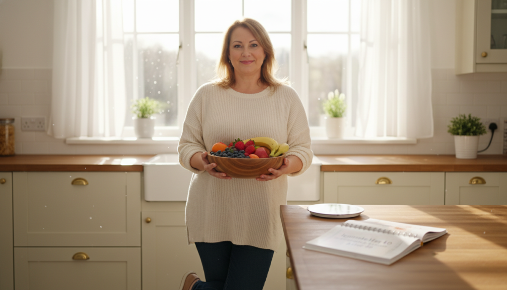A middle-aged woman standing in a cozy, sunlit kitchen, embodying the stress-related weight gain common in women over 40 due to hormonal changes. She wears modest, casual clothing, reflecting a warm, relatable tone. In the foreground, she holds a bowl of healthy fruits, symbolizing a natural health focus. In the middle, there are visible weight loss resources, like a scale and an open nutrition book titled "IgniteHer40", signifying her journey. The background shows soft, diffused lighting filtering through a window, creating an inviting atmosphere. The overall mood is one of resilience and empowerment, highlighting the unique challenges faced by women in midlife while emphasizing a path to wellness and balance. A middle-aged woman standing in a cozy, sunlit kitchen, embodying the stress-related weight gain common in women over 40 due to hormonal changes. She wears modest, casual clothing, reflecting a warm, relatable tone. In the foreground, she holds a bowl of healthy fruits, symbolizing a natural health focus. In the middle, there are visible weight loss resources, like a scale and an open nutrition book titled "IgniteHer40", signifying her journey. The background shows soft, diffused lighting filtering through a window, creating an inviting atmosphere. The overall mood is one of resilience and empowerment, highlighting the unique challenges faced by women in midlife while emphasizing a path to wellness and balance.