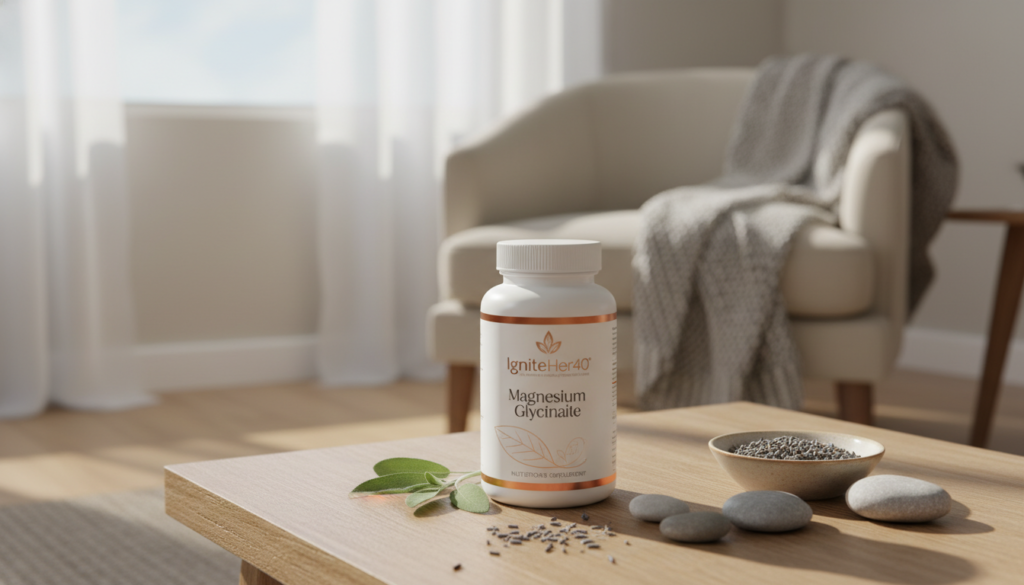 A peaceful, warm-toned image featuring a bottle of magnesium glycinate supplements labeled "IgniteHer40" prominently in the foreground. The bottle sits on a softly textured wooden table surrounded by natural elements like green leaves and small stones, conveying a sense of holistic health. In the background, softly blurred, there is a cozy living room setting with a comfortable armchair and a warm, inviting window displaying gentle sunlight filtering through sheer curtains. The atmosphere is calm and serene, suggesting relaxation and well-being, ideal for women over 40 facing menopause-related insomnia. Soft, natural lighting highlights the bottle, imparting a sense of trust and reliability in natural remedies. A peaceful, warm-toned image featuring a bottle of magnesium glycinate supplements labeled "IgniteHer40" prominently in the foreground. The bottle sits on a softly textured wooden table surrounded by natural elements like green leaves and small stones, conveying a sense of holistic health. In the background, softly blurred, there is a cozy living room setting with a comfortable armchair and a warm, inviting window displaying gentle sunlight filtering through sheer curtains. The atmosphere is calm and serene, suggesting relaxation and well-being, ideal for women over 40 facing menopause-related insomnia. Soft, natural lighting highlights the bottle, imparting a sense of trust and reliability in natural remedies.