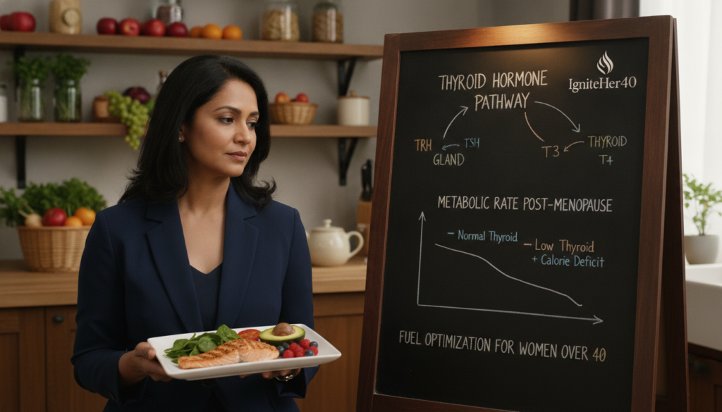 A serene and informative scene visualizing the impact of thyroid function and calorie restriction after menopause. In the foreground, a middle-aged woman in professional business attire, looking thoughtfully at a plate of healthy food options, representing balanced nutrition. In the middle, a chalkboard with diagrams illustrating thyroid function and metabolic changes post-40, featuring labeled hormones and graphs, illuminated by warm, soft lighting. In the background, a calm kitchen setting filled with fresh vegetables and fruits, creating a relatable, nurturing atmosphere. The overall mood is empowering and educational, aimed at fostering awareness of natural health. An elegant logo for "IgniteHer40" subtly integrated into the chalkboard design for context.