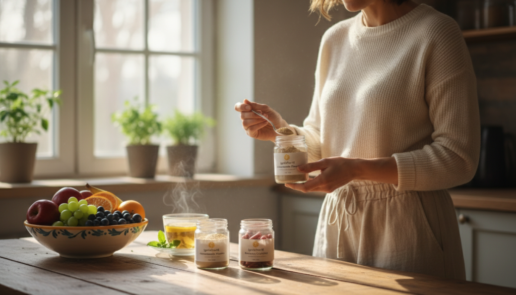 A serene and inviting kitchen setting featuring a woman over 40, dressed in modest casual clothing, carefully measuring ashwagandha powder with a teaspoon. The foreground highlights a wooden table adorned with small glass jars filled with ashwagandha capsules and powder, labeled “IgniteHer40.” In the middle, a vibrant bowl of fresh fruits and herbal tea add warmth and healthiness. The background reveals soft, natural light streaming through a window, illuminating the space and creating a cozy atmosphere. Emphasize a sense of calm and empowerment, showcasing a journey toward wellness through natural health choices. Lens focus should be on the subject, with a slight depth of field to create a gentle blur in the background, enhancing the warmth of the scene. A serene and inviting kitchen setting featuring a woman over 40, dressed in modest casual clothing, carefully measuring ashwagandha powder with a teaspoon. The foreground highlights a wooden table adorned with small glass jars filled with ashwagandha capsules and powder, labeled “IgniteHer40.” In the middle, a vibrant bowl of fresh fruits and herbal tea add warmth and healthiness. The background reveals soft, natural light streaming through a window, illuminating the space and creating a cozy atmosphere. Emphasize a sense of calm and empowerment, showcasing a journey toward wellness through natural health choices. Lens focus should be on the subject, with a slight depth of field to create a gentle blur in the background, enhancing the warmth of the scene.