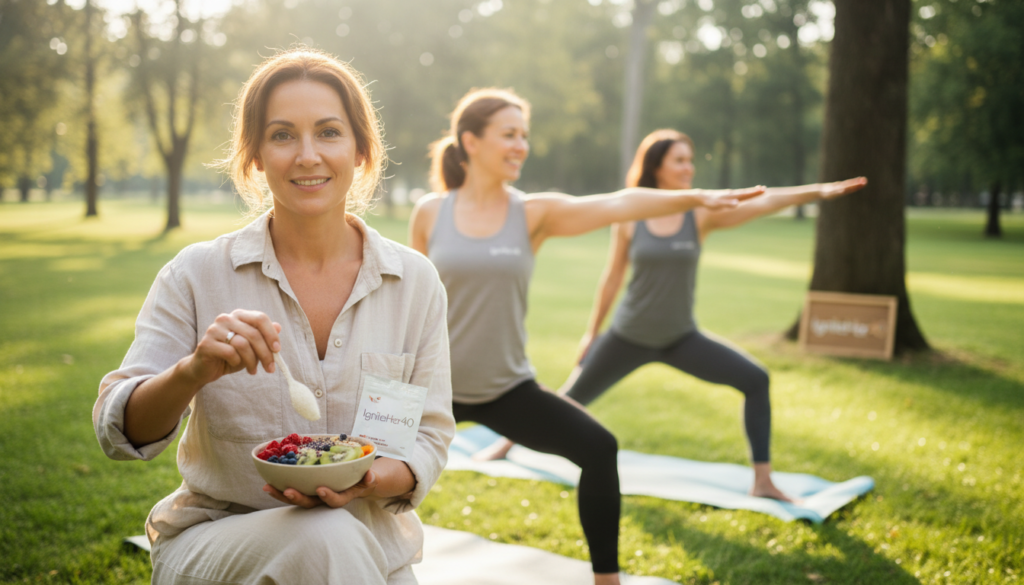 A serene and inviting scene featuring a diverse group of women over 40 enjoying a healthy lifestyle, symbolizing the benefits of collagen supplements. In the foreground, a woman dressed in casual yet elegant clothing is stirring a smoothie bowl adorned with vibrant fruits and collagen powder, exuding vitality and confidence. In the middle ground, two women are engaged in a joyful conversation while practicing yoga in a sunlit park, showcasing their healthy skin and radiant energy. The background is softly blurred, depicting a lush green landscape with gentle sunlight filtering through the trees, creating a warm and uplifting atmosphere. The overall mood is relatable and empowering, reflecting a natural health focus, with the brand "IgniteHer40" subtly integrated into the environment.