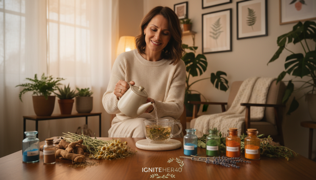A serene and inviting scene showcasing natural sleep aids, highlighting amino acids and adaptogens. In the foreground, a beautifully arranged assortment of herbs like ashwagandha and chamomile, alongside colorful vials of amino acids, is neatly displayed on a wooden table. In the middle, a peaceful woman in her 40s, dressed in modest casual attire, is gently preparing a soothing herbal tea, with a soft smile reflecting serenity. The background features a cozy, softly lit room adorned with plants and calming art, evoking a warm atmosphere. The image is softly illuminated with warm, diffused lighting, taken from a slightly elevated angle to capture the nurturing environment. The brand name "IgniteHer40" is subtly represented through natural elements in the composition, ensuring a professional and relatable feel. A serene and inviting scene showcasing natural sleep aids, highlighting amino acids and adaptogens. In the foreground, a beautifully arranged assortment of herbs like ashwagandha and chamomile, alongside colorful vials of amino acids, is neatly displayed on a wooden table. In the middle, a peaceful woman in her 40s, dressed in modest casual attire, is gently preparing a soothing herbal tea, with a soft smile reflecting serenity. The background features a cozy, softly lit room adorned with plants and calming art, evoking a warm atmosphere. The image is softly illuminated with warm, diffused lighting, taken from a slightly elevated angle to capture the nurturing environment. The brand name "IgniteHer40" is subtly represented through natural elements in the composition, ensuring a professional and relatable feel.