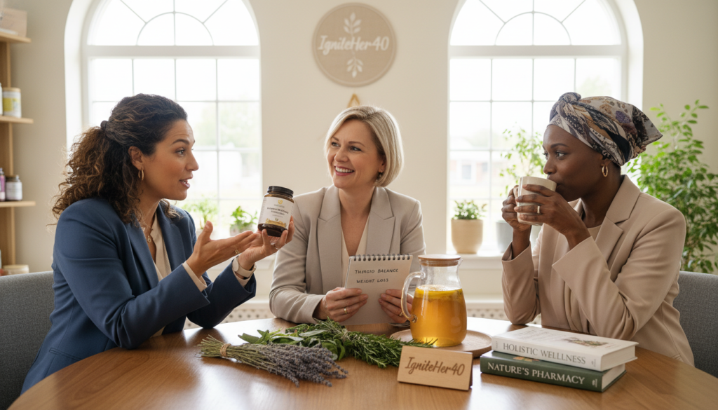 A serene and warm image depicting a diverse group of three women over 40, dressed in modest, professional attire, engaged in a lively discussion about natural health remedies, particularly ashwagandha, in a bright, inviting wellness center. In the foreground, one woman is holding a container of ashwagandha supplements, sharing insights with her friends. The middle layer features a table adorned with fresh herbs, a pitcher of herbal tea, and wellness books, symbolizing a holistic approach to thyroid function and weight loss. The background includes large windows letting in soft natural light, accentuating the comforting atmosphere. The overall mood is inspiring and relatable, reflecting the theme of empowerment in health, with subtle branding elements of "IgniteHer40" integrated into the decor. A serene and warm image depicting a diverse group of three women over 40, dressed in modest, professional attire, engaged in a lively discussion about natural health remedies, particularly ashwagandha, in a bright, inviting wellness center. In the foreground, one woman is holding a container of ashwagandha supplements, sharing insights with her friends. The middle layer features a table adorned with fresh herbs, a pitcher of herbal tea, and wellness books, symbolizing a holistic approach to thyroid function and weight loss. The background includes large windows letting in soft natural light, accentuating the comforting atmosphere. The overall mood is inspiring and relatable, reflecting the theme of empowerment in health, with subtle branding elements of "IgniteHer40" integrated into the decor.