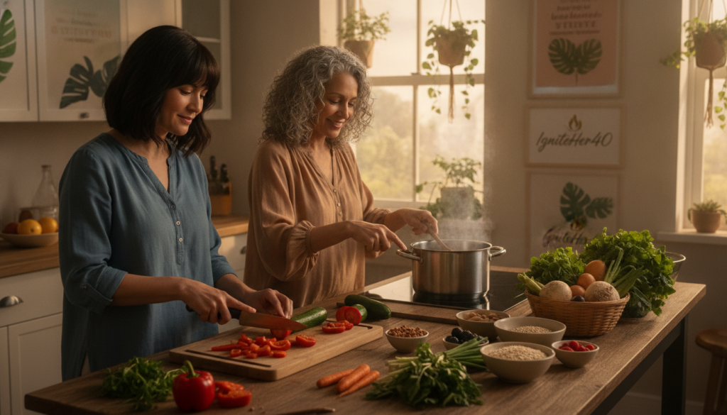 A serene and warm-lit kitchen scene showcasing a diverse group of women over 40, thoughtfully preparing a healthy meal together. In the foreground, a woman with dark hair, wearing a modest casual top, is chopping vegetables, while another woman, with curly hair, is stirring a pot on the stove, both focused yet relaxed. The middle ground features fresh ingredients on a wooden table, like vibrant vegetables and grains, emphasizing a natural and wholesome approach to health. The background displays a cozy atmosphere with soft lighting filtering through a window, plants casually placed, and inspirational health posters subtly visible. The overall mood is supportive and empowering, reflecting a community of women embracing their health journey post-40. The brand "IgniteHer40" is subtly represented in the kitchen decor, enhancing the theme of strength and wellness.