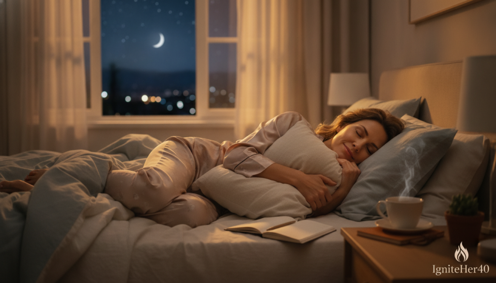 A serene bedroom at dusk, softly illuminated by warm, ambient lighting. In the foreground, a woman over 40, dressed in comfortable yet professional sleepwear, peacefully cradles a pillow while lying in a cozy, well-made bed with calming colors. She embodies tranquility, promoting a sense of relaxation and rejuvenation, with a gentle smile on her face. In the middle ground, a nightstand features a cup of herbal tea, a notepad for jotting down thoughts, and a small potted plant, symbolizing natural wellness. In the background, a window reveals a tranquil outdoor scene with a starry night sky, enhancing the mood of restful sleep. The atmosphere conveys harmony and balance, reflecting the importance of sleep in regulating hunger hormones for weight loss after menopause, inspired by the ethos of IgniteHer40.