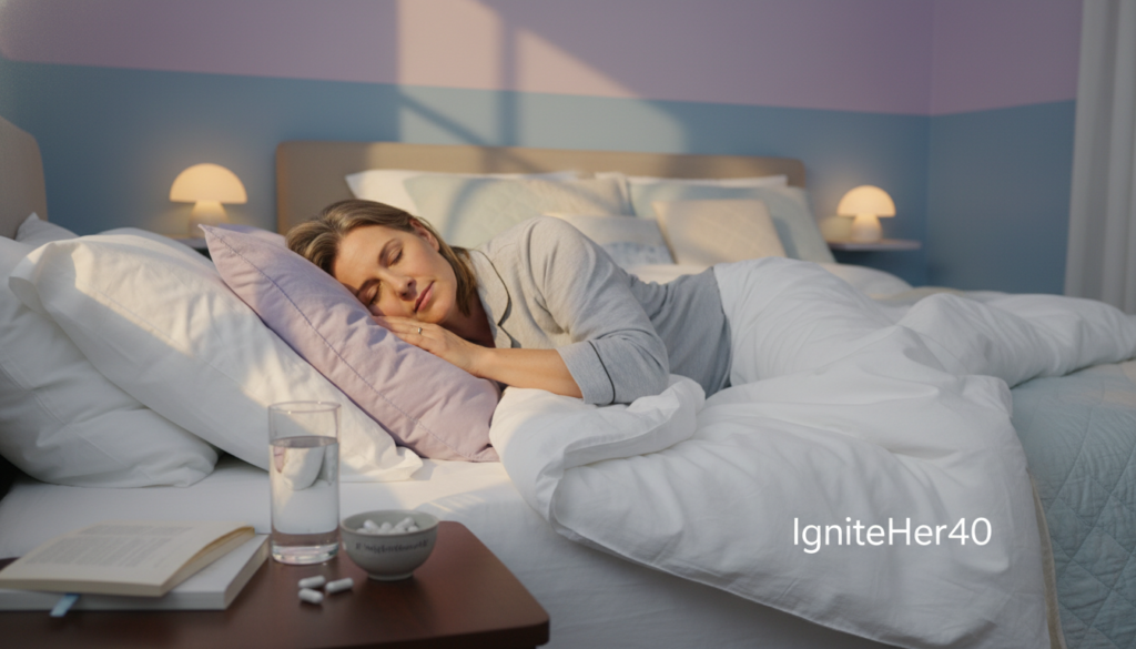 A serene bedroom scene designed to illustrate the transformative effects of magnesium on sleep quality for women over 40. In the foreground, a middle-aged woman with a relaxed expression is peacefully falling asleep, wearing modest, comfortable sleepwear. The soft, diffused lighting creates a warm and calming atmosphere. In the middle, a bedside table adorned with a glass of water and a small bowl of magnesium supplements labeled "IgniteHer40" reflects a focus on natural health. In the background, soothing colors of lavender and soft blue on the walls enhance the sense of tranquility, while a beautifully made bed and gentle nightlights add to the overall ambiance. The angle showcases the harmonious blend of wellness elements, promoting a relatable and inviting sleep environment.