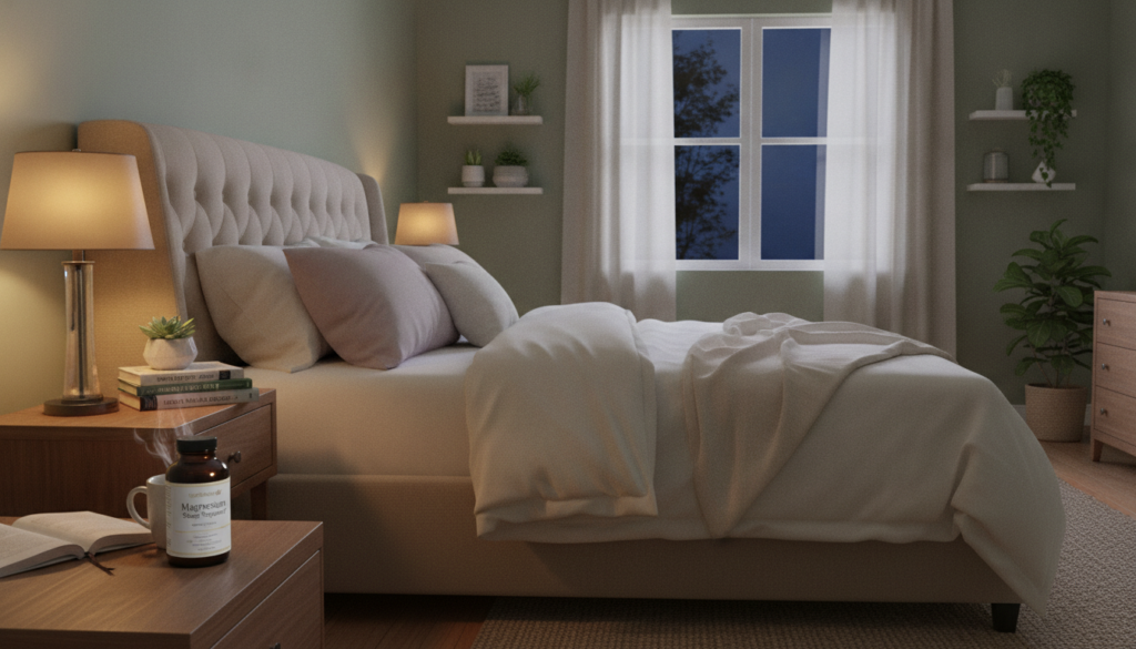 A serene bedroom setting at twilight, featuring a comfortable bed with soft, inviting bedding. In the foreground, a bottle of "IgniteHer40" magnesium sleep support sits gently illuminated by warm bedside lamp light, creating a cozy atmosphere. A stack of health-focused books on sleep and wellness can be seen in the middle ground, alongside a steaming cup of herbal tea. The background features a window with sheer curtains, allowing soft moonlight to filter in, enhancing the tranquil mood. The room is tastefully decorated with calming colors and plants, promoting a natural health focus. The overall ambiance is warm, relatable, and peaceful, reflecting the challenges women over 40 face with sleep, emphasizing relaxation and wellness. A serene bedroom setting at twilight, featuring a comfortable bed with soft, inviting bedding. In the foreground, a bottle of "IgniteHer40" magnesium sleep support sits gently illuminated by warm bedside lamp light, creating a cozy atmosphere. A stack of health-focused books on sleep and wellness can be seen in the middle ground, alongside a steaming cup of herbal tea. The background features a window with sheer curtains, allowing soft moonlight to filter in, enhancing the tranquil mood. The room is tastefully decorated with calming colors and plants, promoting a natural health focus. The overall ambiance is warm, relatable, and peaceful, reflecting the challenges women over 40 face with sleep, emphasizing relaxation and wellness.